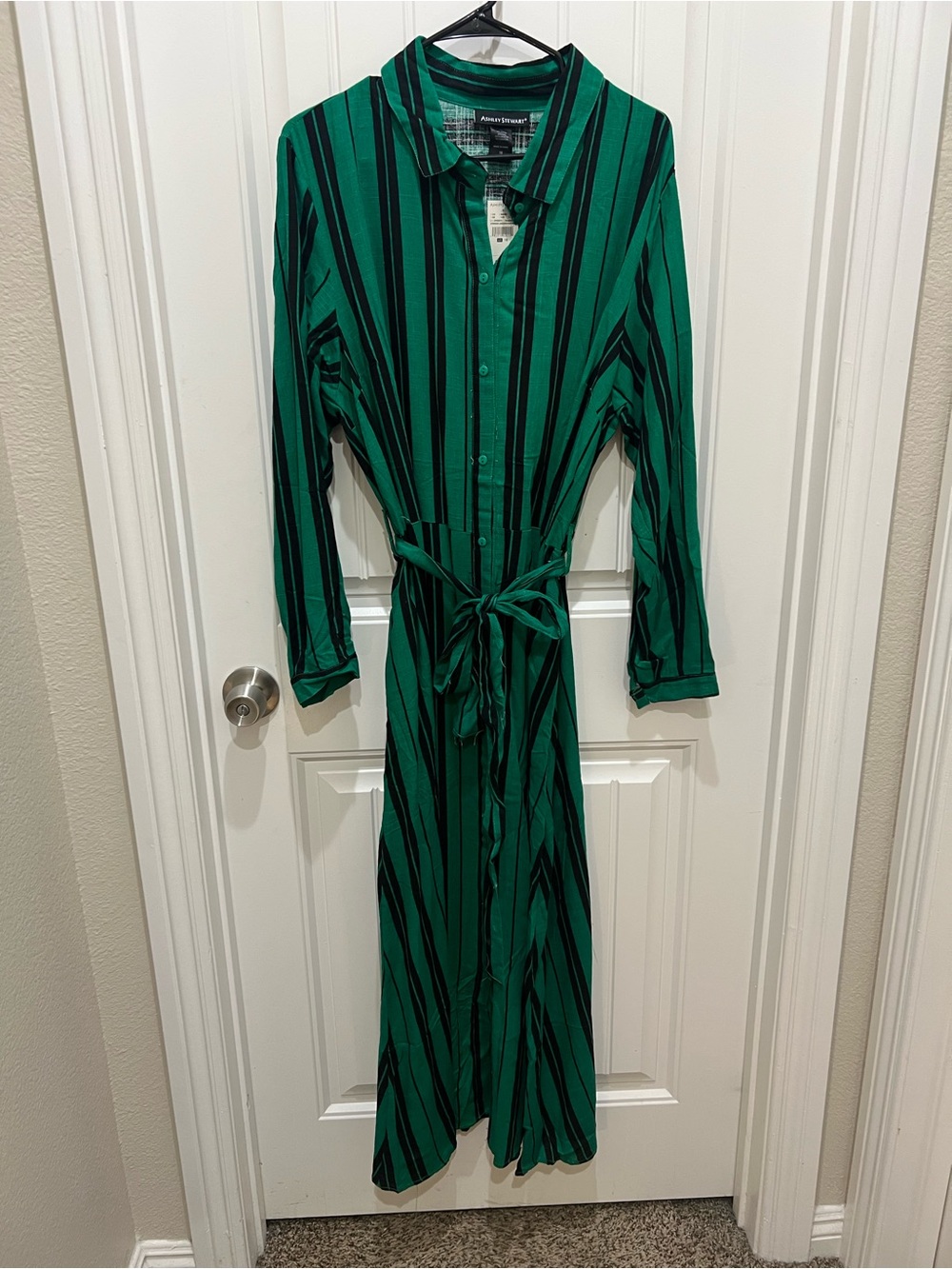 Abstract Stripe Green Shirt Dress with Waist Tie